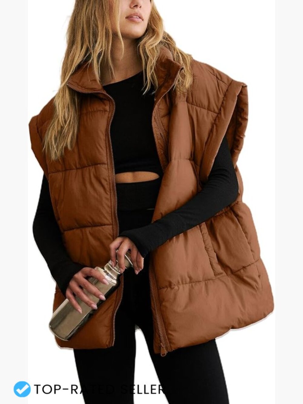 Quilted Puffer Vest Oversized Sleeveless Zip Up Lightweight Winter Layering